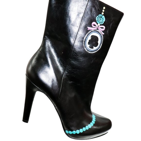 Customized NINE WEST Black leather BOOTS hand painted RETRO Lady head 8M - Picture 1 of 7